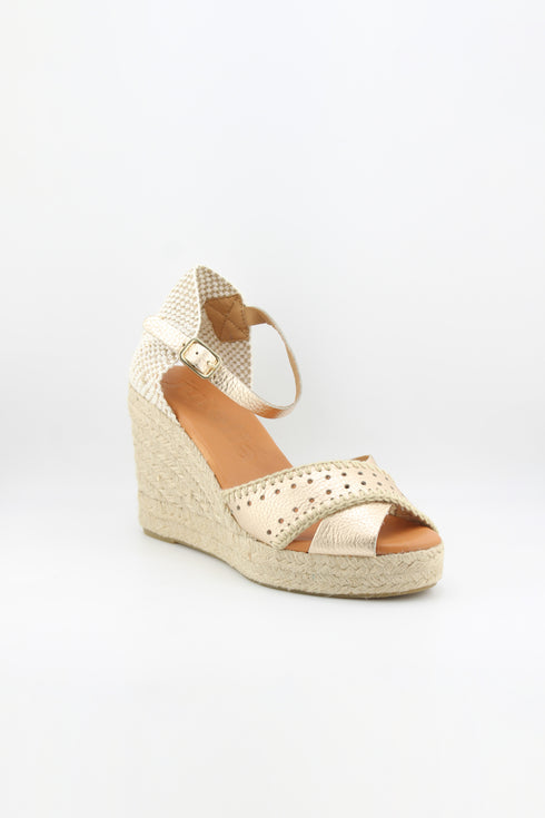 Jutelia Peep-Toe Espadrille Wedge with Decorative Perforated Toe and Ankle Strap